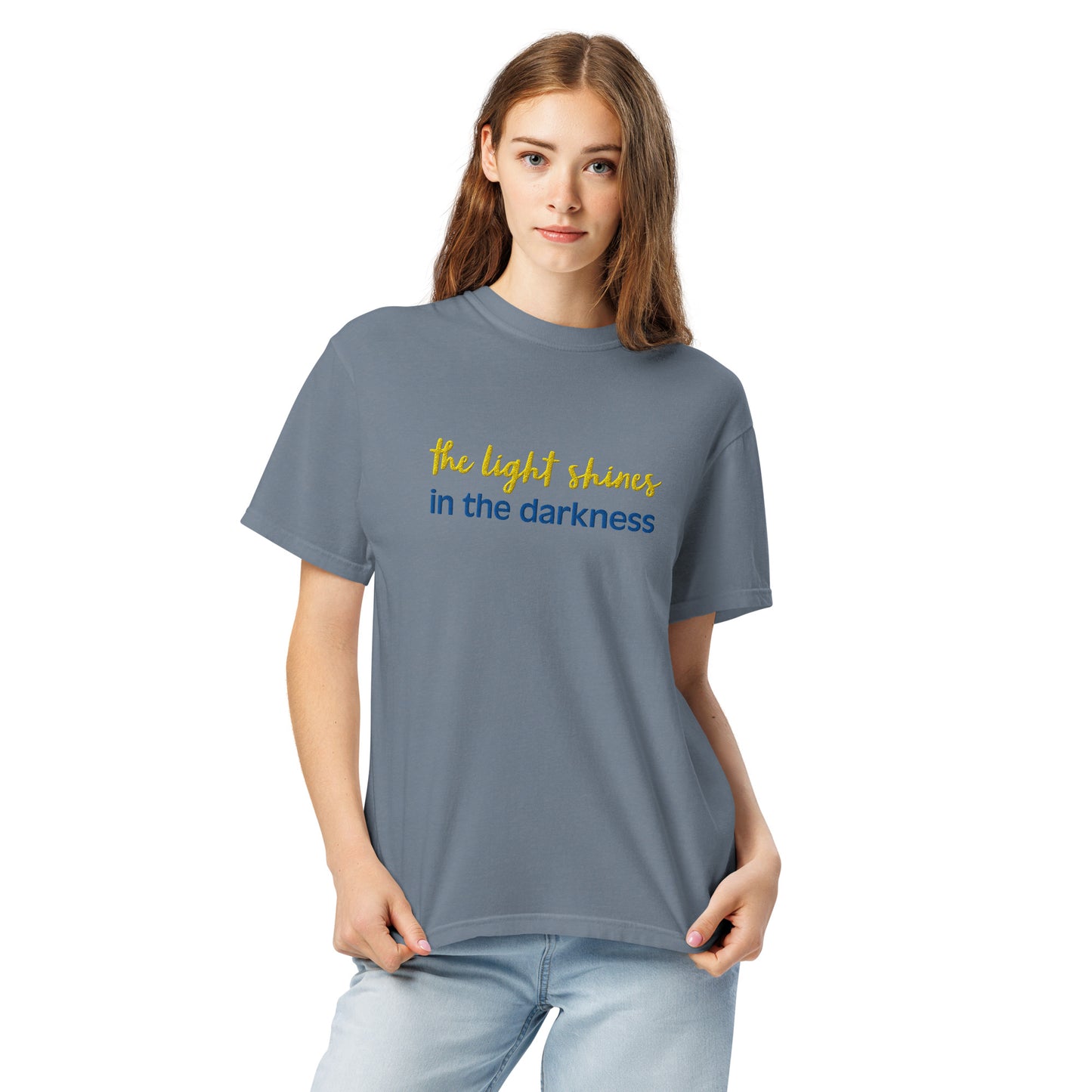 Christian Embroidered Shirt--the light shines in the darkness-John 1:5 Bible verse