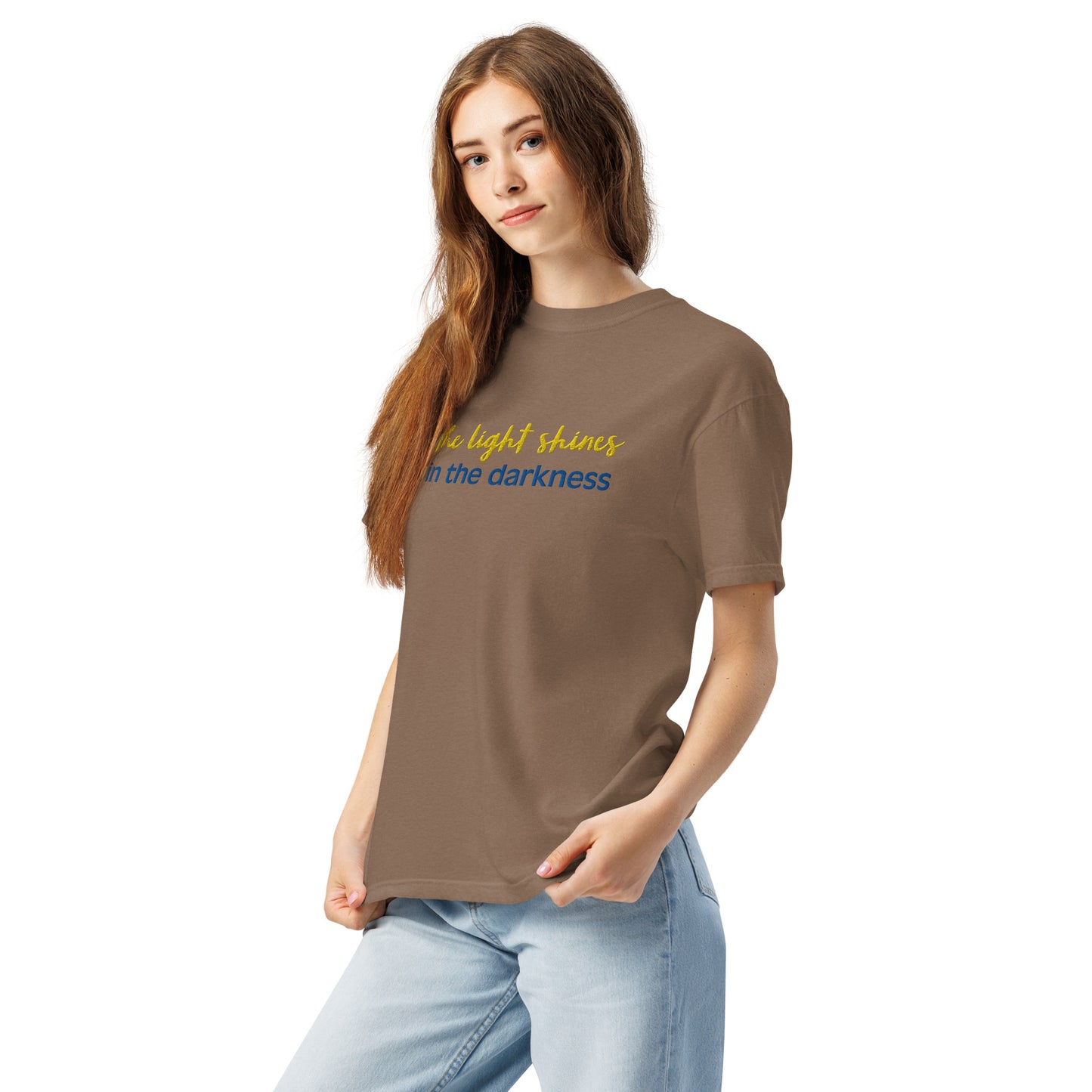 Christian Embroidered Shirt--the light shines in the darkness-John 1:5 Bible verse