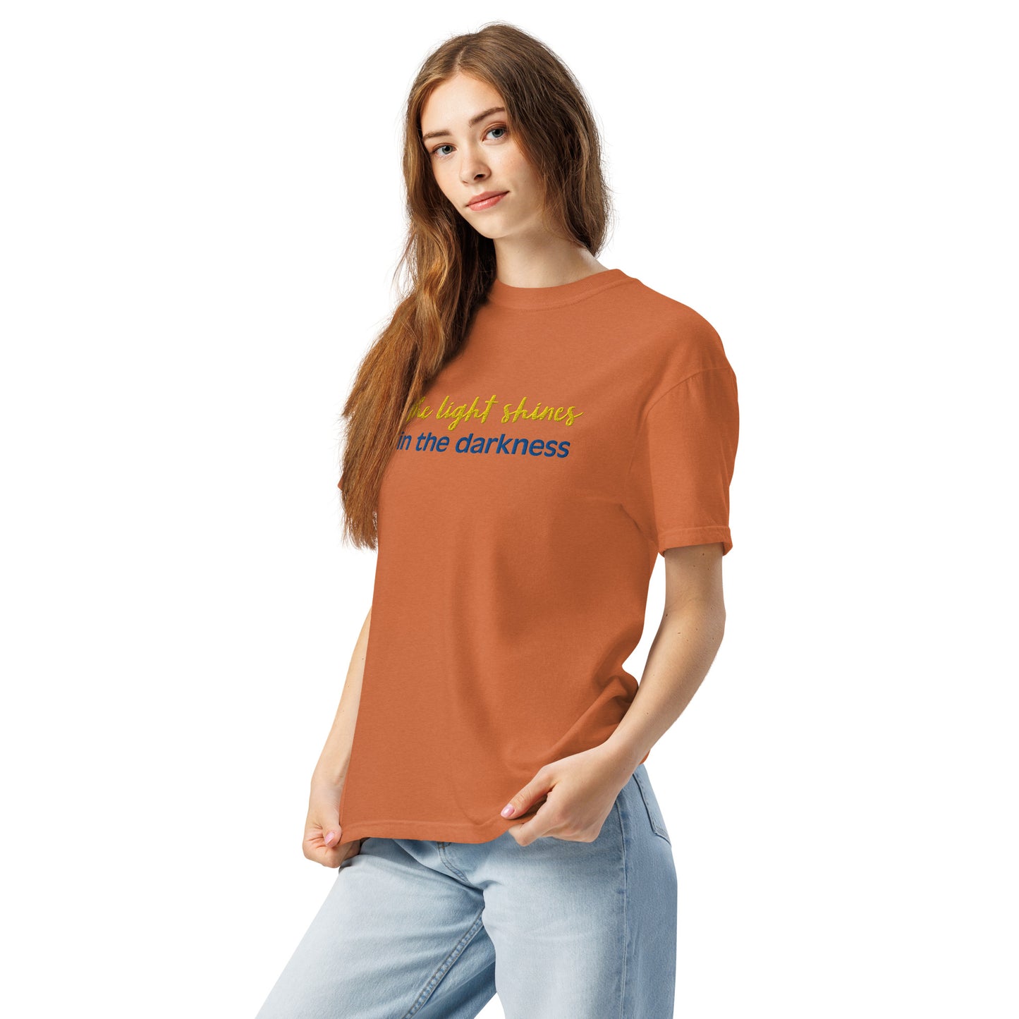 Christian Embroidered Shirt--the light shines in the darkness-John 1:5 Bible verse