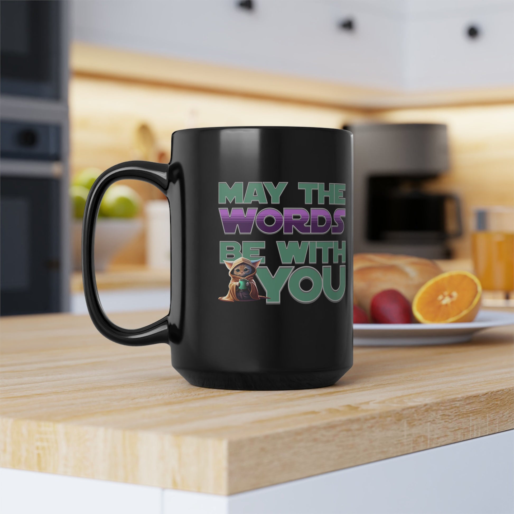 mug gift for writers with parody quote may the words be with you in a font that looks like it is from the movie