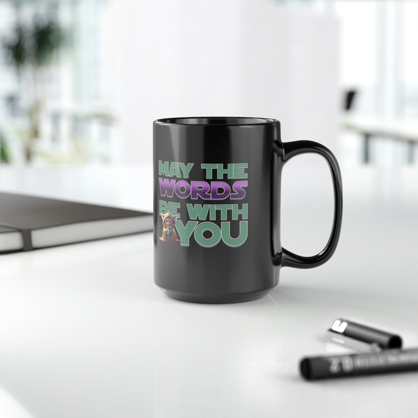 mug gift for writers with parody quote may the words be with you in a font that looks like it is from the movie