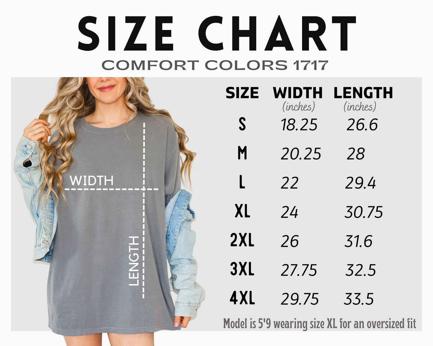 Christian t-shirt with boho design and Bible verse saying the wilderness will blossom in Comfort Colors size chart