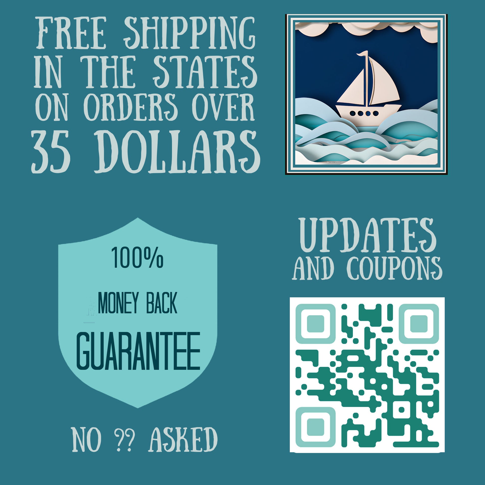 free shipping over 35 dollars, money-back guarantee, sign up for updates