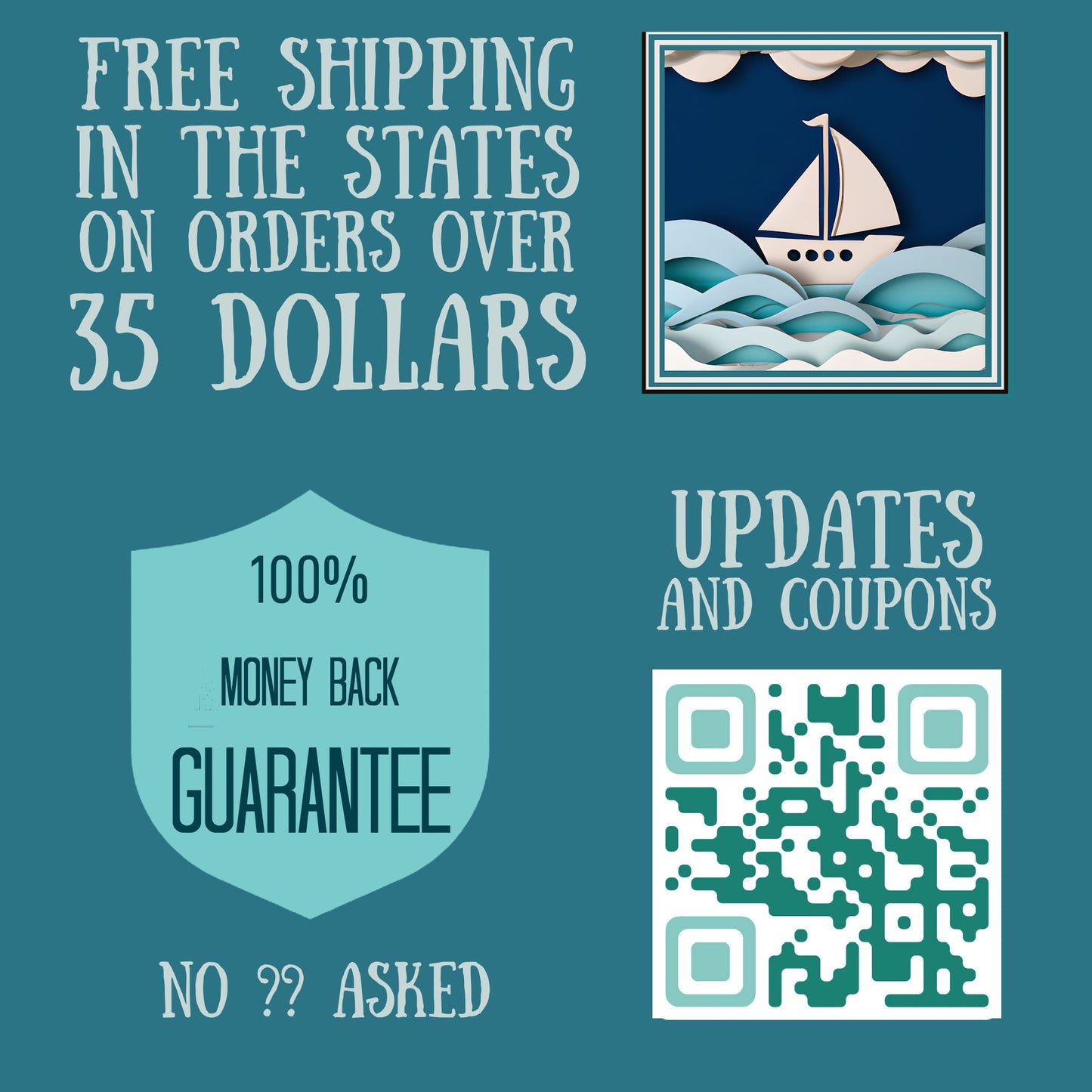 free shipping for orders over 35 dollars, money=back guarantee, and email updates