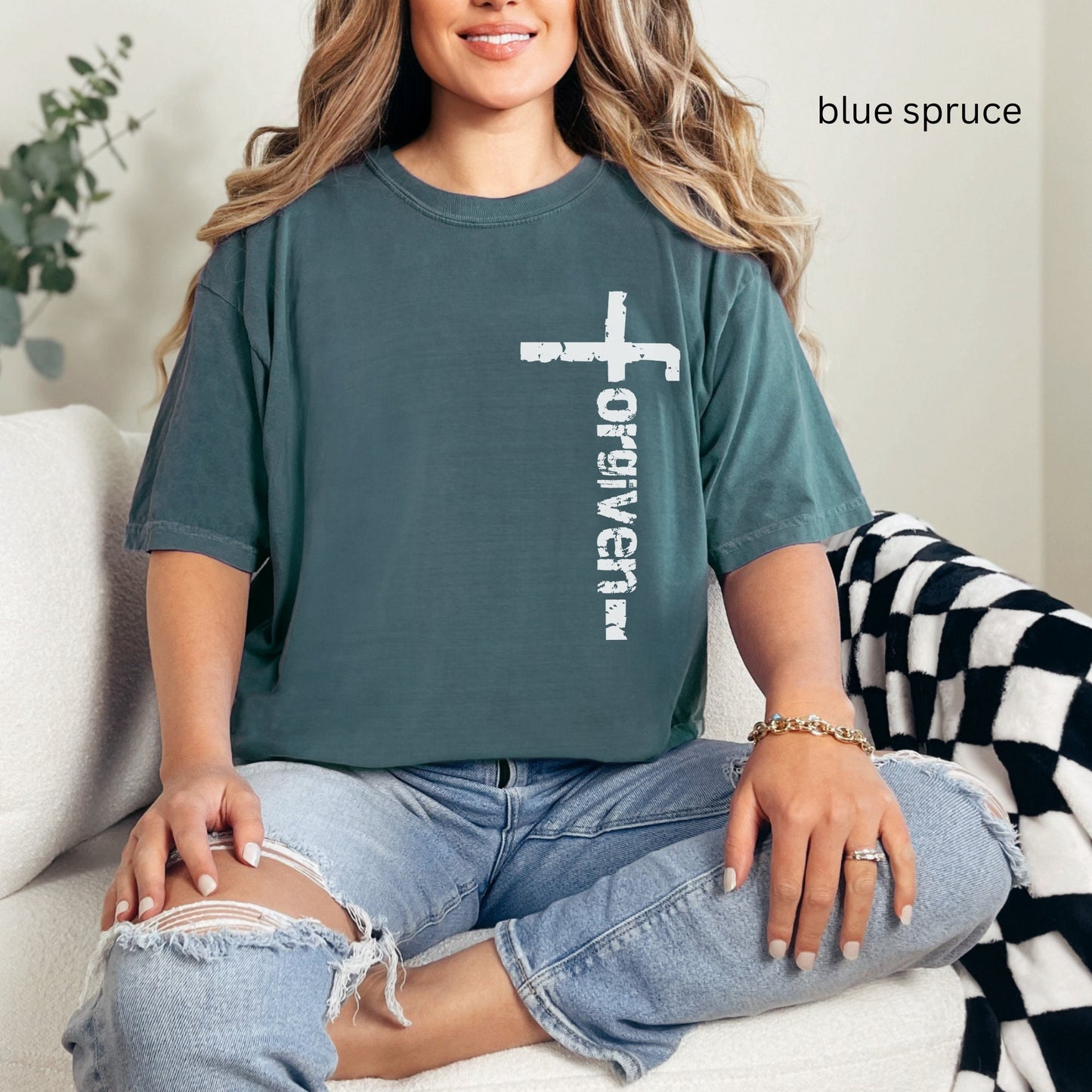 Christian grunge Bible Verse Comfort Color t-shirt in blue spruce color