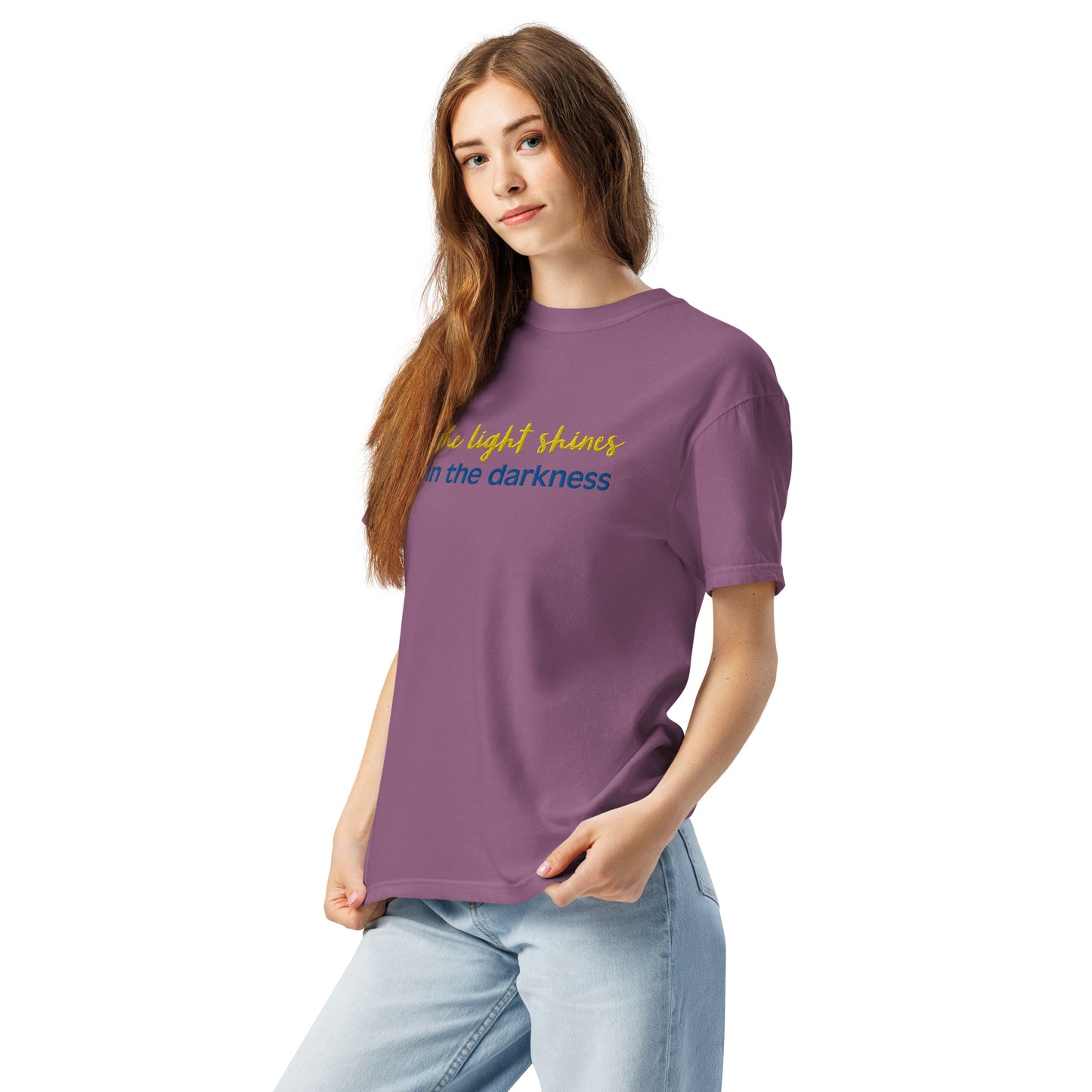 Christian Embroidered Shirt--the light shines in the darkness-John 1:5 Bible verse