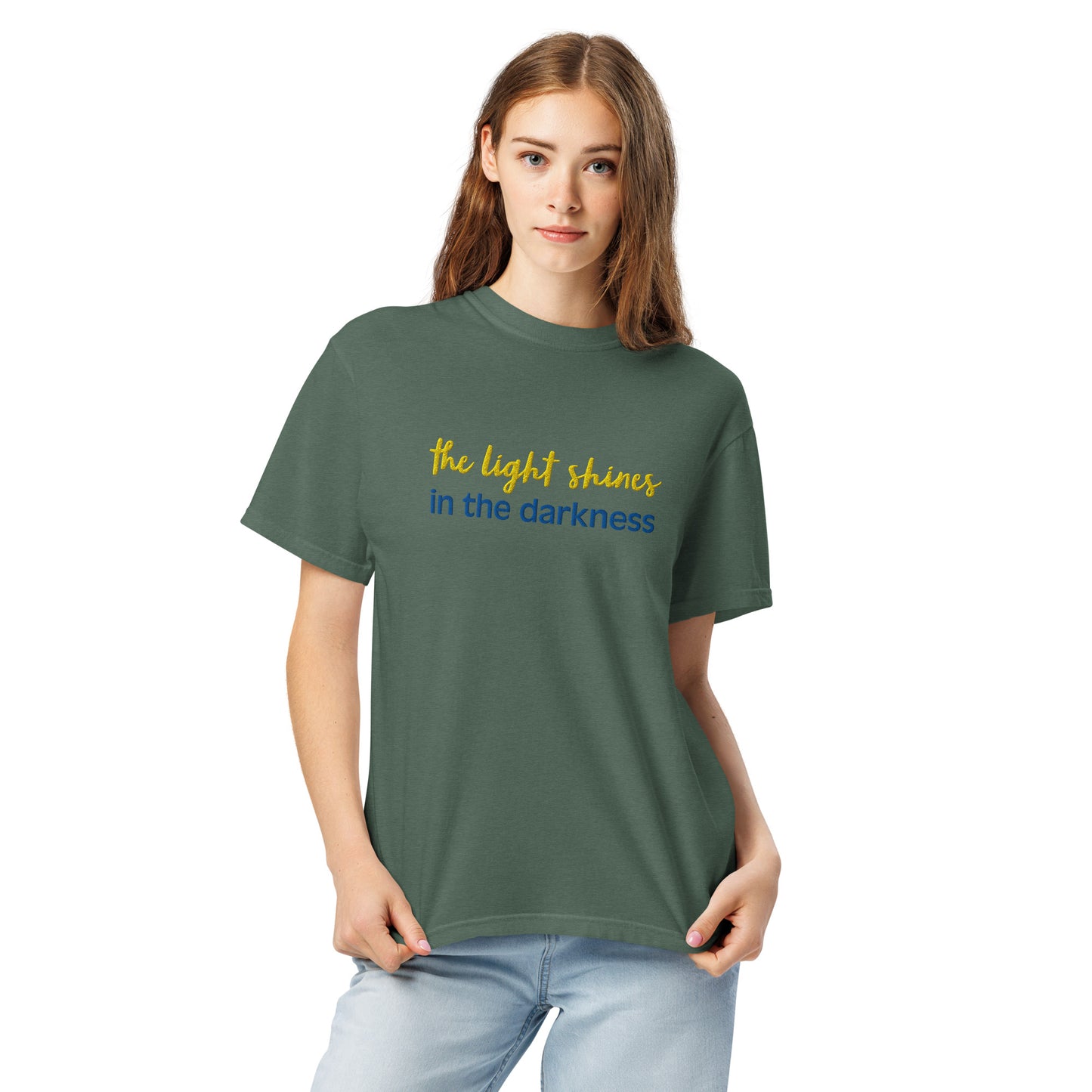 Christian Embroidered Shirt--the light shines in the darkness-John 1:5 Bible verse