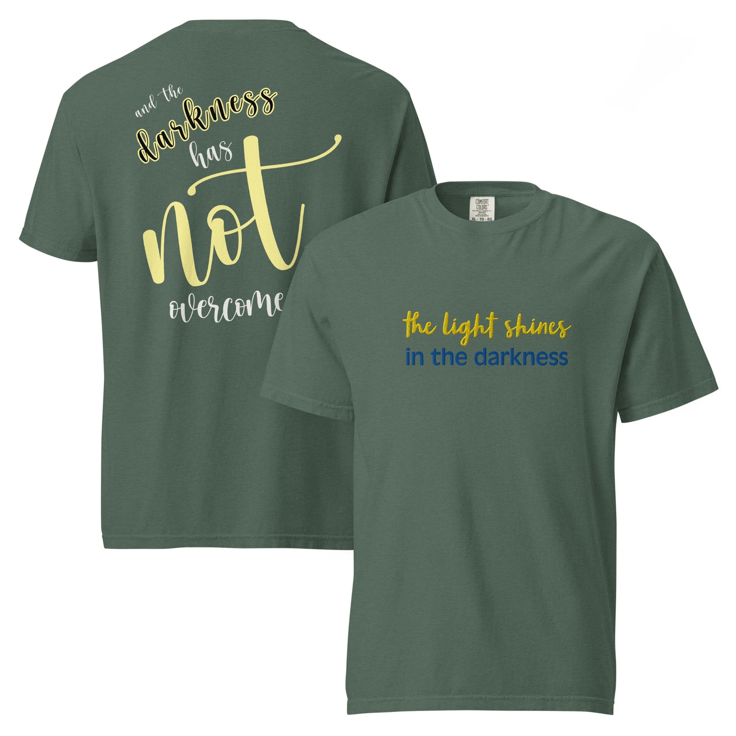 Christian Embroidered Shirt--the light shines in the darkness-John 1:5 Bible verse
