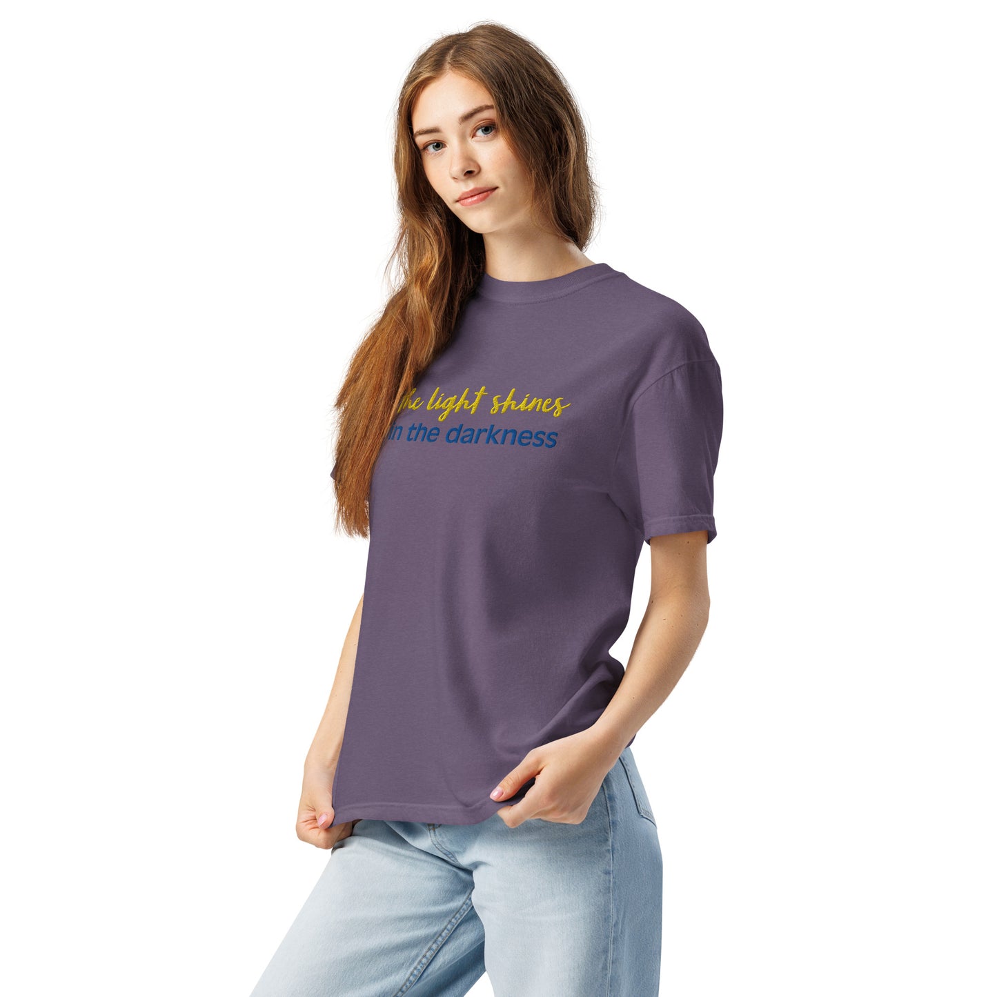 Christian Embroidered Shirt--the light shines in the darkness-John 1:5 Bible verse