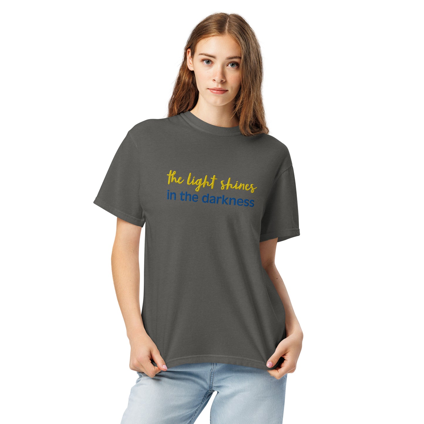 Christian Embroidered Shirt--the light shines in the darkness-John 1:5 Bible verse