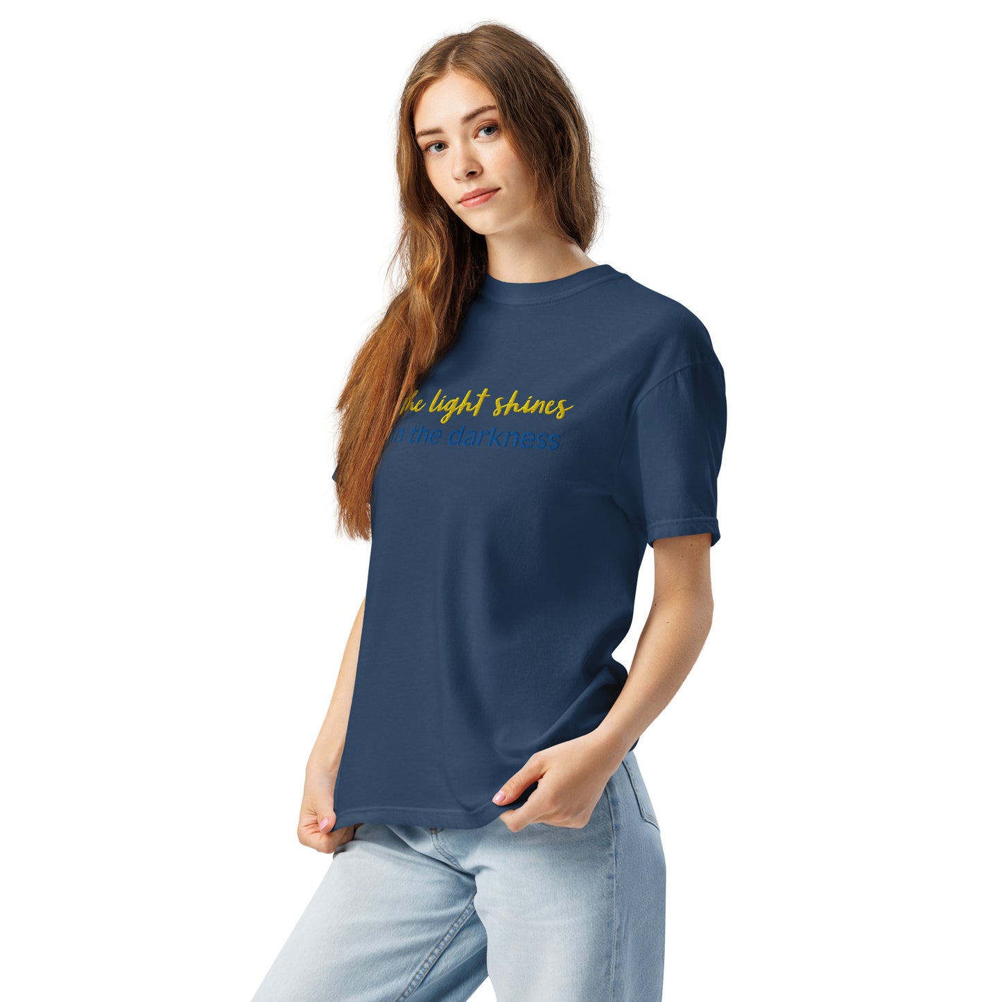 Christian Embroidered Shirt--the light shines in the darkness-John 1:5 Bible verse