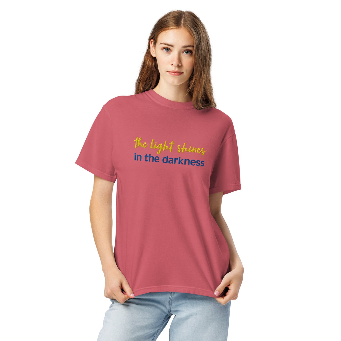 Christian Embroidered Shirt--the light shines in the darkness-John 1:5 Bible verse