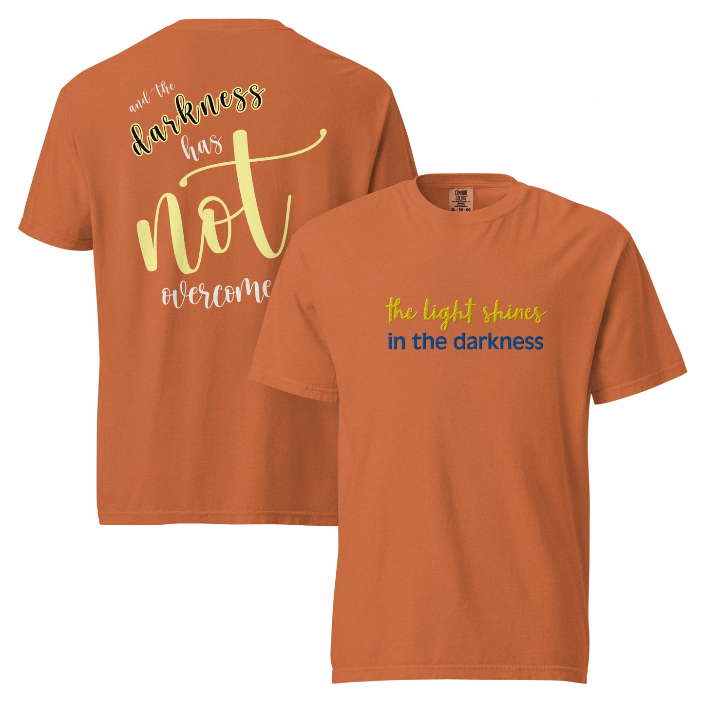 Christian Embroidered Shirt--the light shines in the darkness-John 1:5 Bible verse